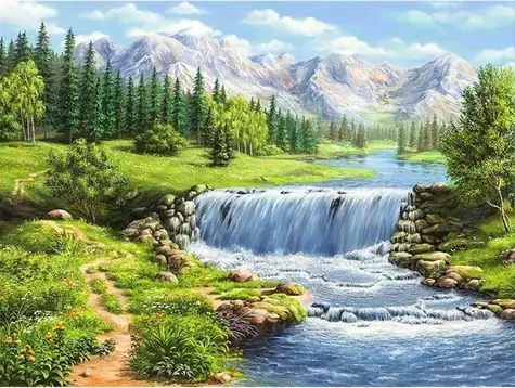 Diamantové malování - Řeka valící se v horách / 30x40 cm