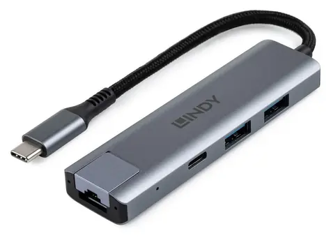 Lindy USB-C hub s LAN šedá / Rozbočovač / USB 3.2 Gen 2 / 2x USB-A / RJ45
