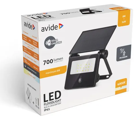 Avide LED reflektor solární s PIR čidlem / Venkovní svítidlo / 700 lm / akumulátor a solární panel