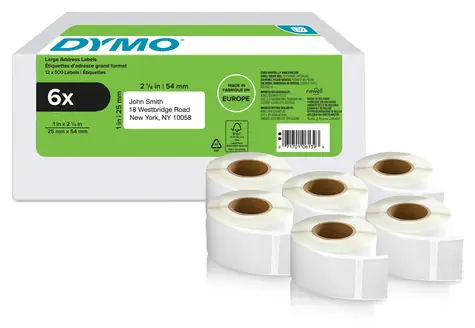 Dymo Papírové štítky 25x54mm / bílé / pro zpáteční adresu / 6x1000 ks
