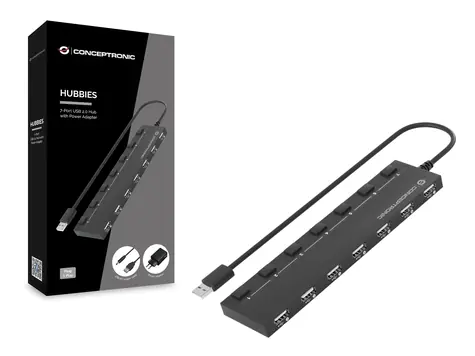 Conceptronic USB hub 7 portů černý / USB hub / 7x USB-A 2.0 / Napájecí adaptér