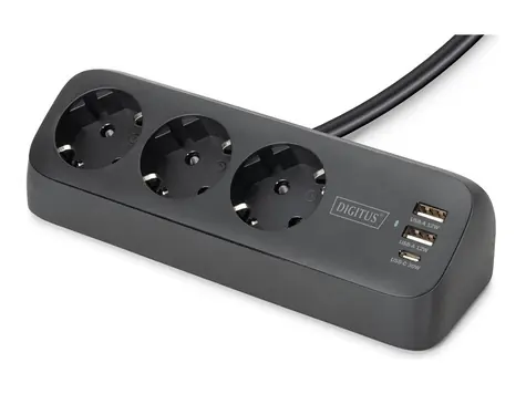 Digitus zásuvkový blok 3x zásuvka, 2x USB-A, USB-C, černá / Zásuvkový blok / 1,5 m