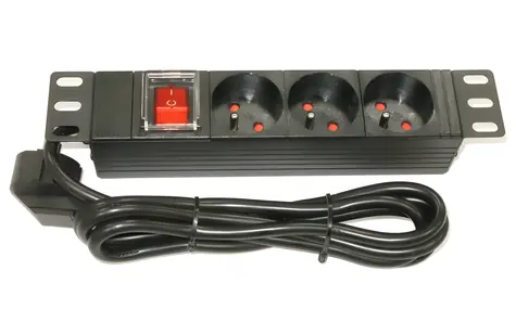 XtendLan 10" rozvodný panel 3x230V černá / Prodlužovací přívod / 3 zásuvky / vypínač / 1,8 m