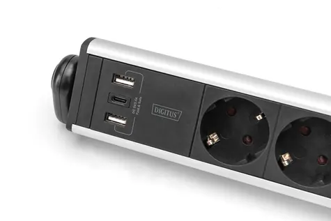 Digitus DA-70624 stříbrná/černá / Prodlužovací kabel / 6x zásuvka / 3x USB / vypínač / 1,5 m