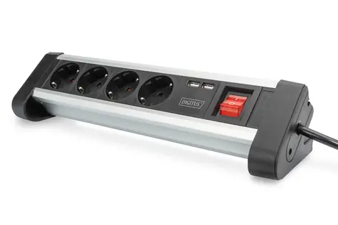 Digitus DA-70614 stříbrno-černá / Prodlužovací kabel / 4 zásuvky / 2x USB / 1,5 m / vypínač