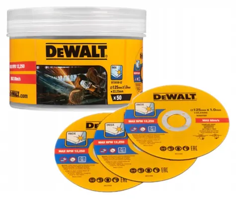 DeWalt Sada řezných kotoučů na nerezovou ocel 125 mm, 50 ks / Řezný kotouč / Průměr 125x22,23 mm / Tloušťka 1 mm