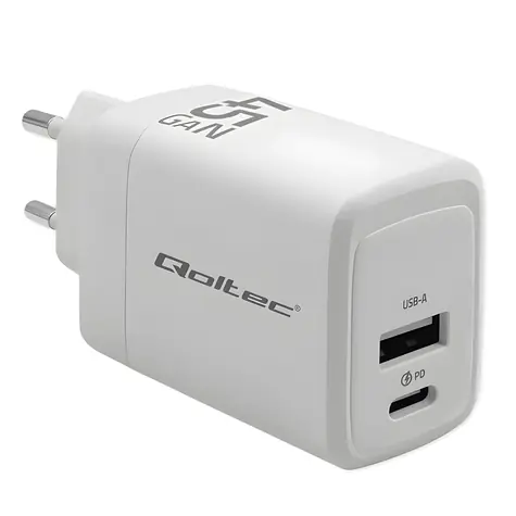 Qoltec GaN nabíječka 45W bílá / Nabíječka / USB-C PD + USB-A QC 3.0 / 5-20V / 1,5-3A