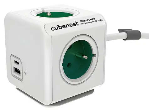 Cubenest PowerCube Extended USB PD 20W A+C 1,5 m zelená / Prodlužovací přívod / 4 zásuvky / Dětská pojistka