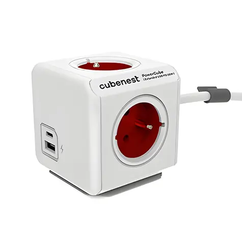 Cubenest PowerCube Extended USB PD 20W A+C 1,5 m červená / Prodlužovací přívod / 4 zásuvky / Dětská pojistka