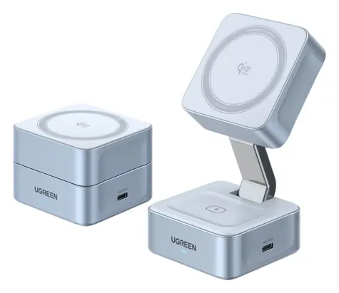 Ugreen W752 MagFlow stříbrná / Bezdrátová nabíječka / 2v1 / 25W Qi2 / MagSafe