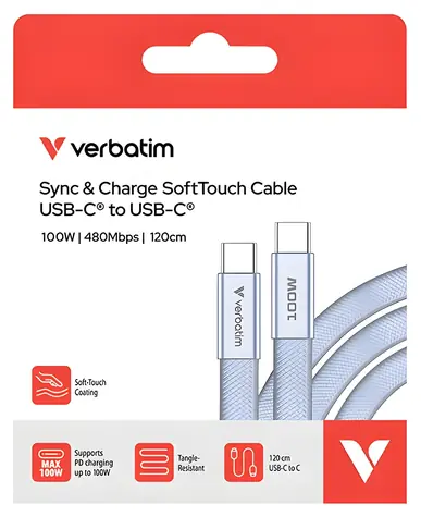 Verbatim Sync & Charge SoftTouch fialová / Kabel USB-C / USB-C(M) / USB-C(M) / 100 W / 1,2 m