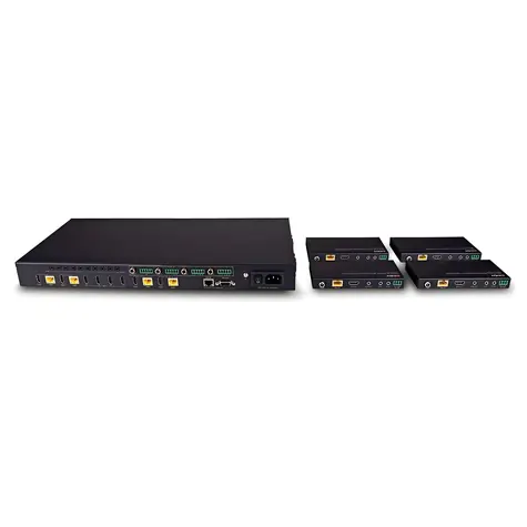 Lindy HDBaseT Matrix 4x4 černá / HDBaseT extender / 4K 60Hz / 150 m / Cat.6 / HDCP 2.2
