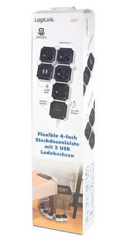 LogiLink Prodlužovací přívod 230V 1,5 m černo-bílá / 4 zásuvky / 2x USB-A / s vypínačem