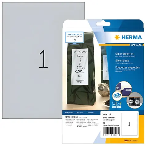 Herma etikety A4 stříbrné / lesklá polyesterová fólie / laser / voduodolné / 25 ks