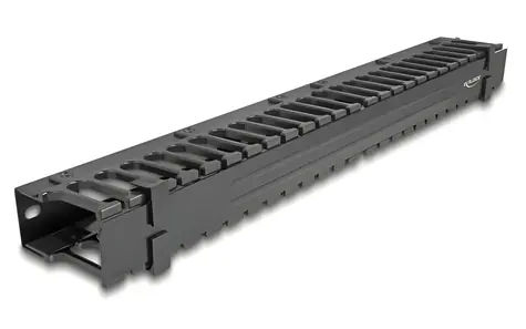 DeLock kabelový organizér 3 otvory 19" černá / Kabelový organizér / 1U / Kov, plast