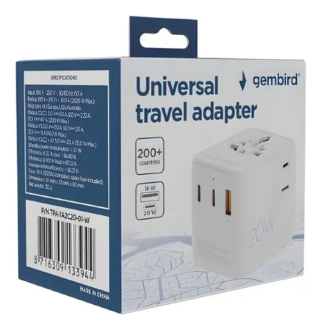Gembird TPA-1A2C20-01-W bílá / Cestovní adaptér / Univerzální / 20 W