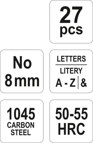 YATO Razníky písmenkové 8 mm / Sada 27 ks / A-Z, & / Ocel 1045