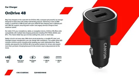 CANYON OnDrive 48 / Autonabíječka / USB-C / USB-A / 48 W / PD