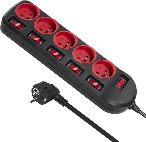 Maclean MCE204 černá, červená / Prodlužovací kabel / 5x zásuvka typ F / vypínač / 250V/10A / 1,5 m