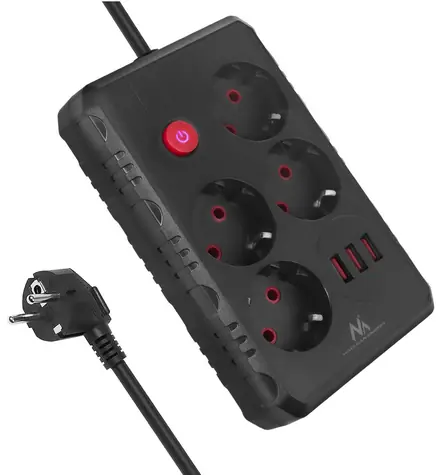 Maclean MCE393 B černá / Prodlužovací lišta / 4 zásuvky / 3x USB-A / 3 m / s vypínačem / 2500 W