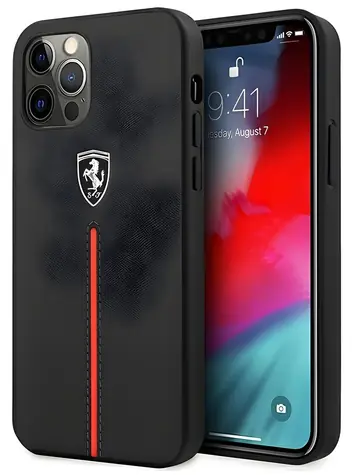 Ferrari Off Track Leather Nylon Stripe černá / Kryt pro Apple iPhone 12 Pro Max / Kůže a nylon