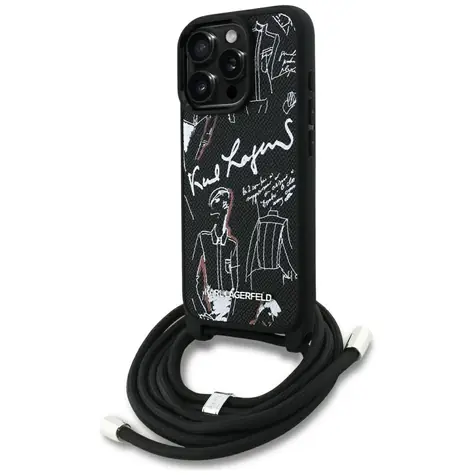 Karl Lagerfeld Crossbody Grained Pattern & Logo černá / Zadní kryt / pro iPhone 16 Pro / s popruhem