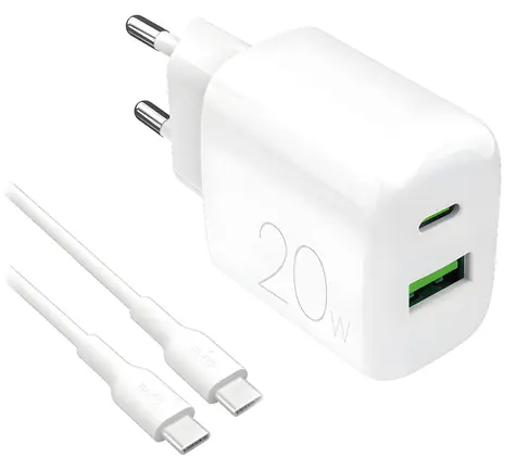 Puro PRO LITE 20W bílá / Cestovní nabíječka / USB-A + USB-C / kabel USB-C - USB-C 1,2 m