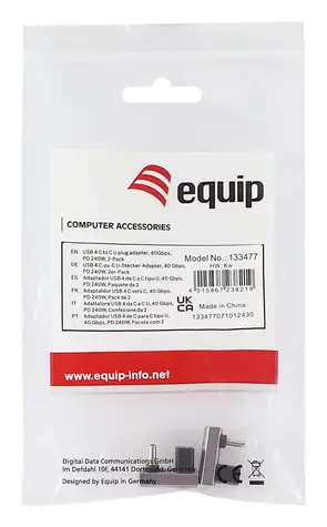 Equip 133477 černá/šedá / Adaptér USB-C / USB4 Gen 4 / 40 Gbit/s / PD 240W / lomený 180° / 2 ks