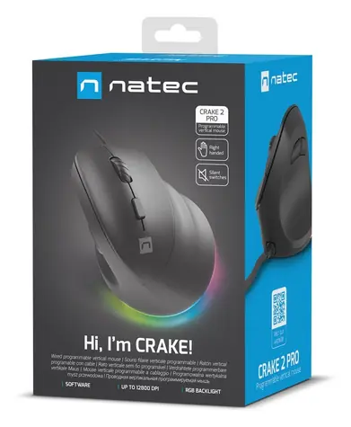 Natec CRAKE 2 PRO černá / Vertikální myš / Optická / Pro praváky / 12 400 DPI / Drátové USB-A / 6 tlačítek