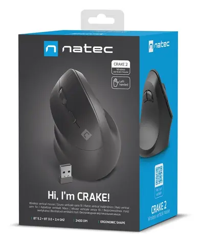 Natec Crake 2 černá, pro leváky / Bezdrátová optická myš / Vertikální / 2 400 DPI / USB + Bluetooth / 6 tlačítek