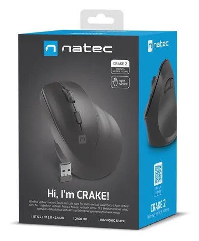 Natec Crake 2 černá, pro praváky / Bezdrátová optická myš / Vertikální / 2 400 DPI / USB + Bluetooth / 6 tlačítek
