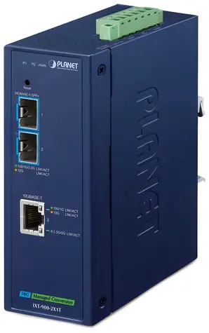 PLANET IXT-900-2X1T / Průmyslový konvertor / 10GBase-T / 2x SFP+ 10GBase-X / IP40 / -40~75°C / SNMP