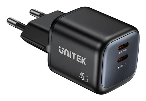 Unitek P1129ABK01-EU černá / Nabíječka / 2x USB-C / 45 W / GaN / PD 3.0