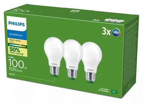 Philips Ultra Efficient A60 E27 7,3W=100W matná / LED žárovka / 2700K teplá bílá / balení 3 ks