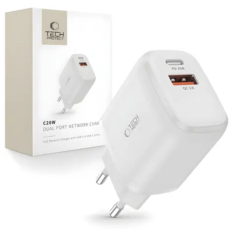 Tech-Protect C20W bílá / Nabíječka / 20 W / USB-C PD / USB-A QC 3.0