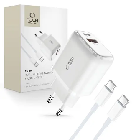 Tech-Protect C20W bílá / Síťová nabíječka / 20W / USB-C PD / USB-A QC 3.0 / kabel USB-C