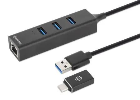 Manhattan Kombo-hub USB-C/USB-A s LAN adaptérem černý / USB hub / 3x USB-A 3.2 Gen 1 / Gigabit LAN / 5 Gbps