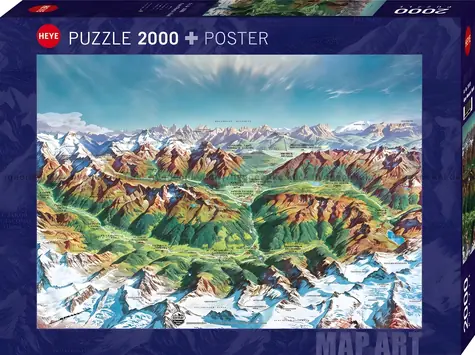 HEYE Puzzle Map Art: Horský svět v Alpách / 2000 dílků / 97 × 69 cm