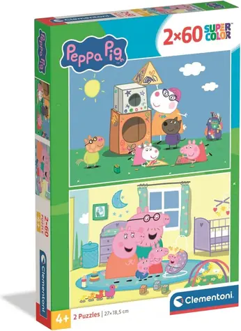 CLEMENTONI Puzzle Prasátko Peppa: Na hřišti a v pokoji / 2x60 dílků / od 4 let