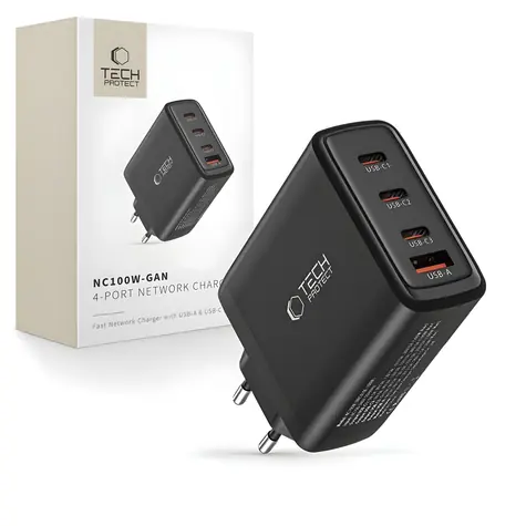 Tech-Protect NC100W-GAN černá / Síťová nabíječka / GaN / 3x USB-C PD 100W / 1x USB-A QC3.0