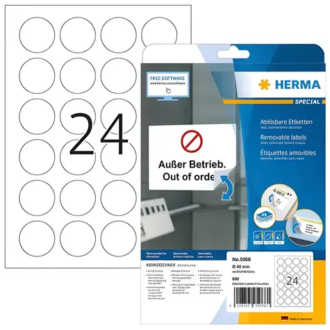 HERMA Univerzální etikety O 40 mm / bílé, snímatelné / 25 listů / 600 ks