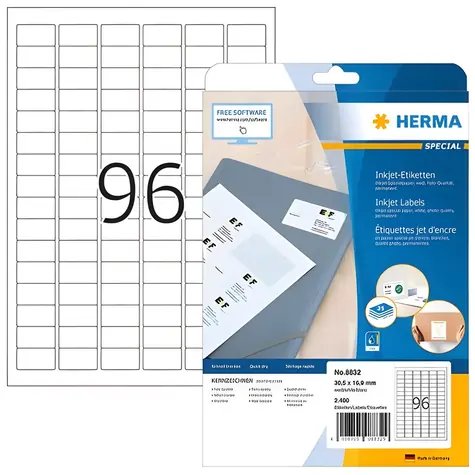 HERMA Etikety pro inkoustové tiskárny 30,5x16,9 mm / Etikety / A4 / bílé / 2400 ks