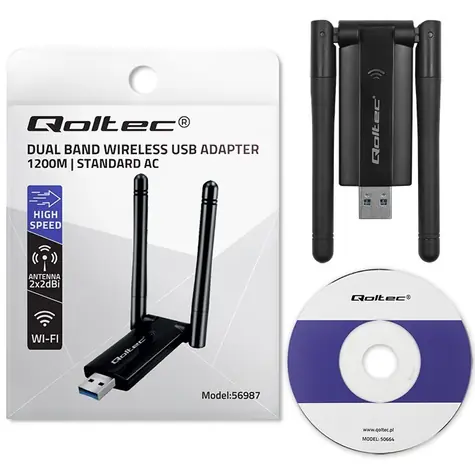 Qoltec 56987 / WiFi adaptér / USB 3.0 / AC / DUAL band / anténa 2x2dBi / 1200 Mbps