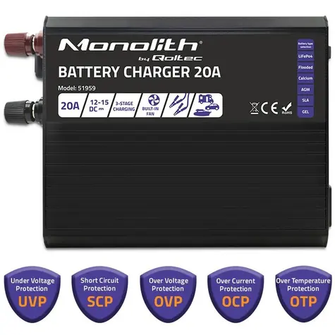 Qoltec Monolith / Nabíječka akumulátorů / LiFePO4, AGM, GEL, SLA / 12V / 20A