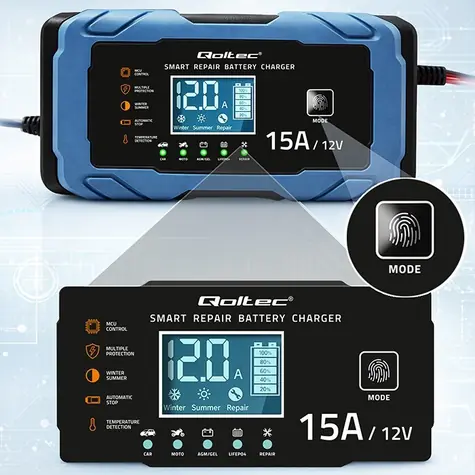 Qoltec Nabíječka autobaterií 12V 15A / Nabíječka / AGM/GEL/LiFePO4 / 9-stupňové nabíjení / funkce obnovy baterie