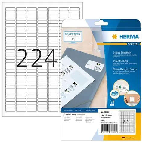 HERMA Etikety pro inkoustové tiskárny 25,4x8,5 mm / Etikety / A4 / bílé / 5600 ks
