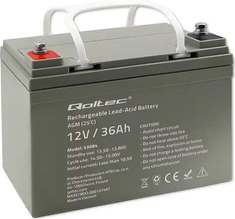 Qoltec Baterie AGM 36Ah / Baterie / 12V / max. 540A