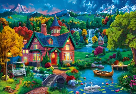 BLUEBIRD Puzzle Barevný dům u jezera / 1000 dílků / 69 x 47,8 cm
