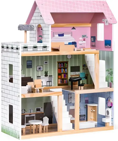 ECOTOYS Třípatrový domeček pro panenky s terasou / od 3 let
