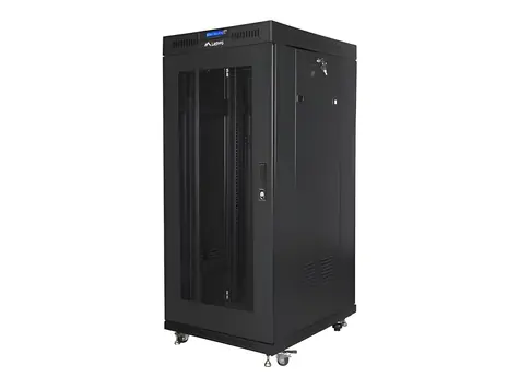 Lanberg Rack 27U/600x600 černá / Stojanový rozvaděč / 19" / Flat pack / Perforované dveře / LCD